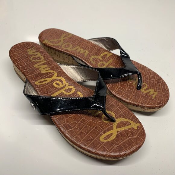 Sam Edelman Tanya Cork Wedge Sandals Women Size 6.5 Black Brown Thong Flip Flops - Picture 1 of 11